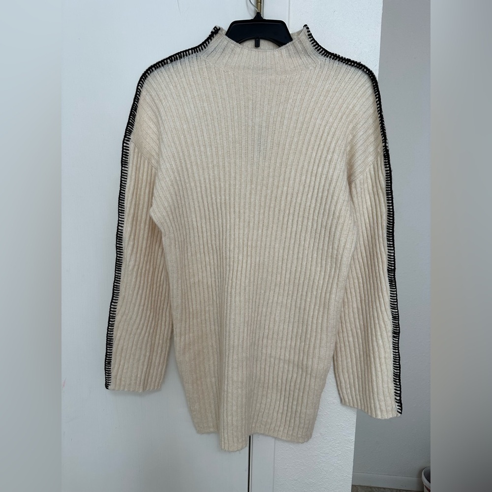 Steve Madden Women's Gemma Dress Ribbed Mock Neck White Black Stitching - Picture 8 of 11